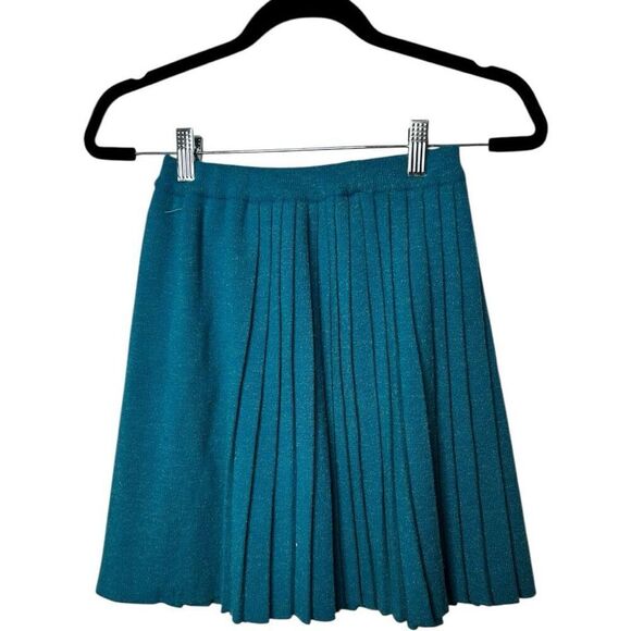 Vintage St. Michael Turquoise Blue Pleated Mini Skirt Size 12 Stretch Preppy - Picture 1 of 7